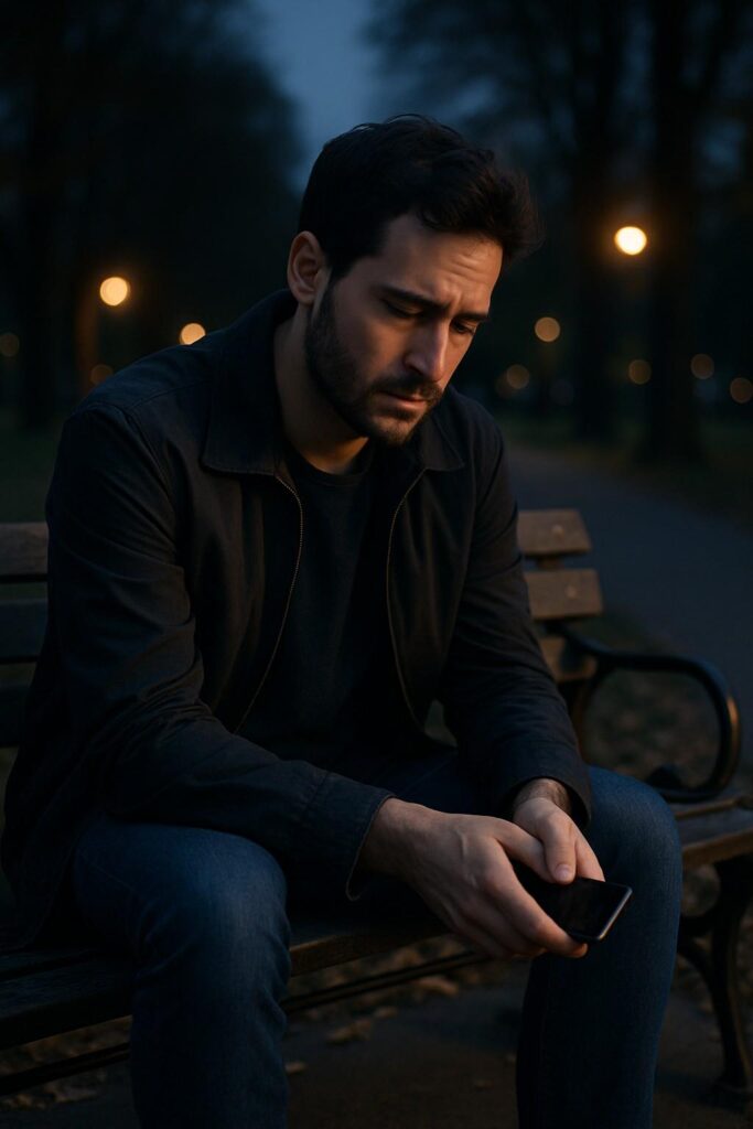 A real man showing fear of losing the woman he loves, with a thoughtful and vulnerable expression.