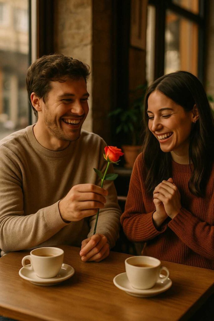 A man showing the joy of giving through a thoughtful gift to the woman he loves.