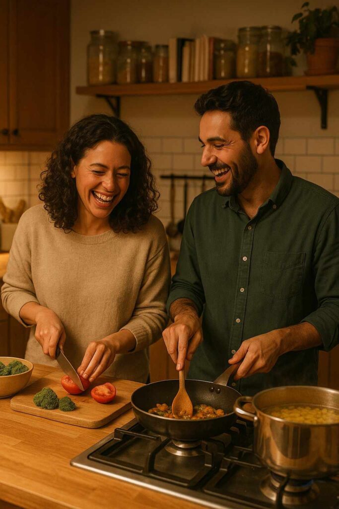 Couple cooking together in a cozy kitchen, showing how everyday care nurtures true love.