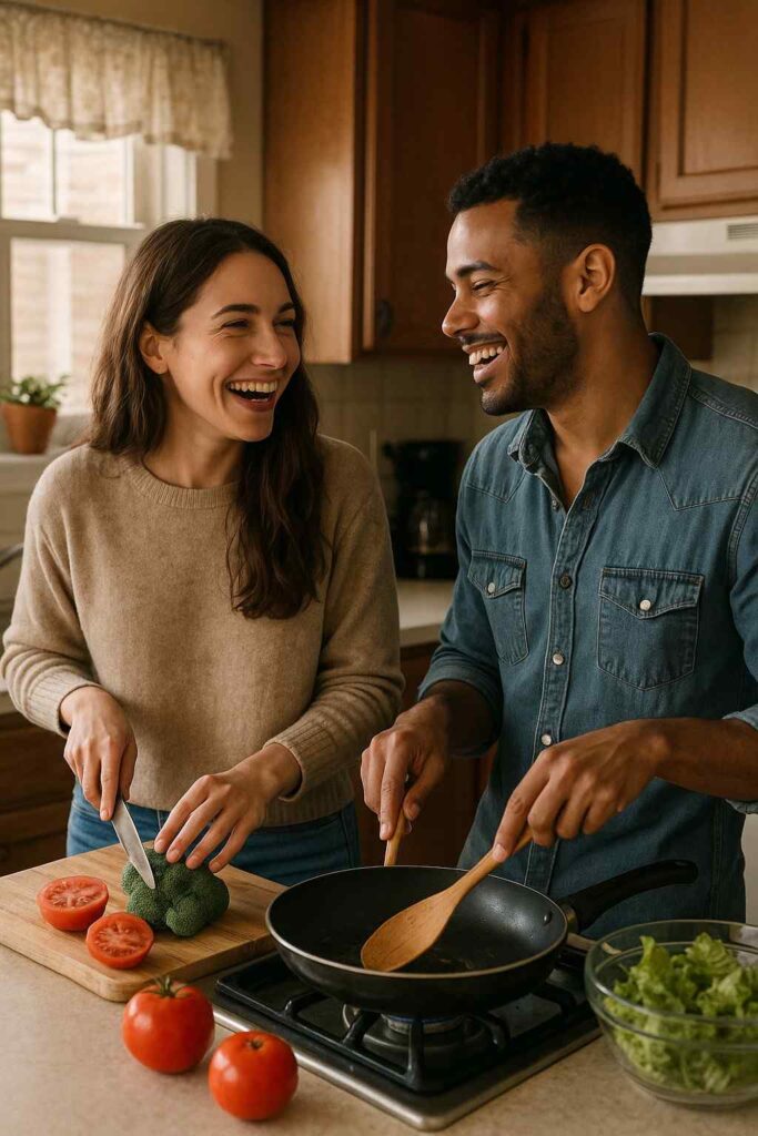 Couple cooking together in a cozy kitchen, sharing laughter and connection.