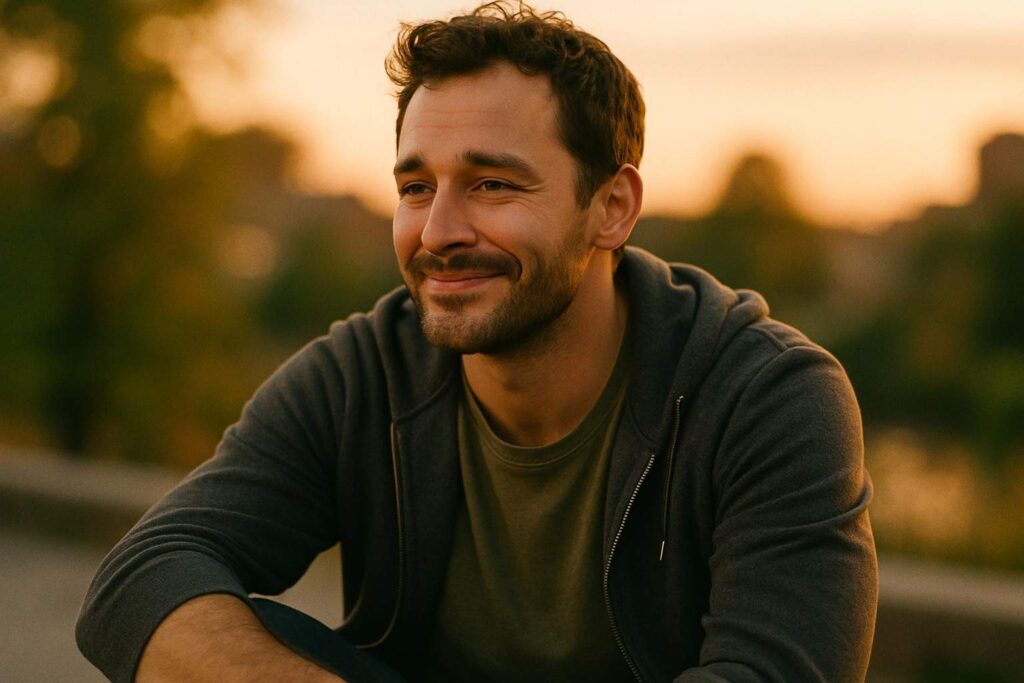 Real man reflecting on love with a soft smile, showing genuine male emotions.
