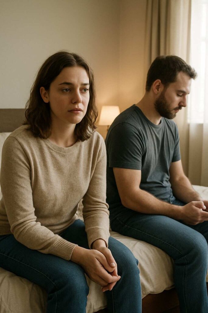 A couple sitting quietly on the bed, with the husband distant and the wife looking concerned.