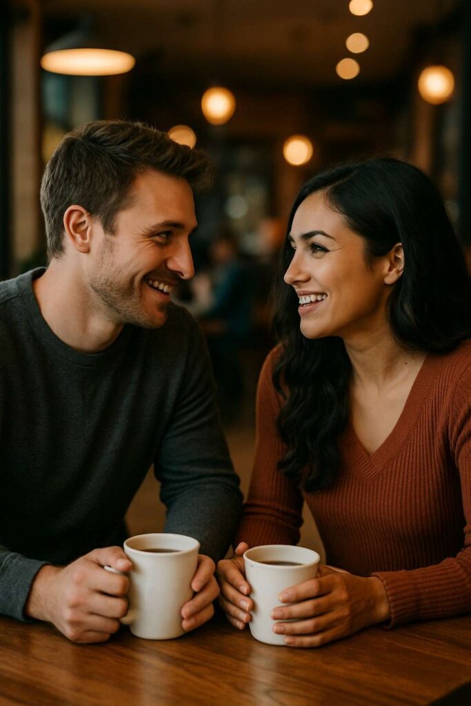 Two people experiencing instant chemistry during their first meeting at a café.