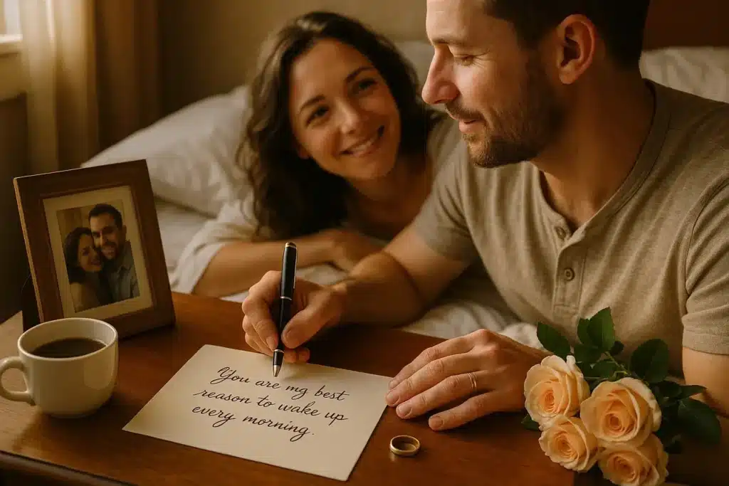 Husband placing a handwritten love note reading “You are my best reason to wake up every morning” beside his wife’s photo in warm morning light.