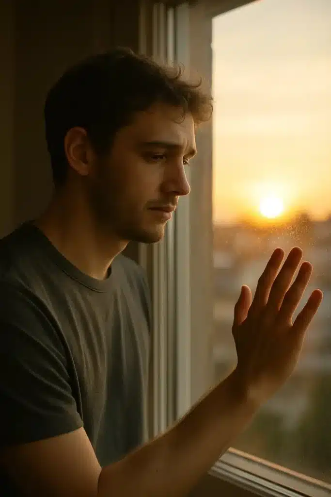 Young man standing by a window at sunrise, reflecting and accepting the end of a relationship.