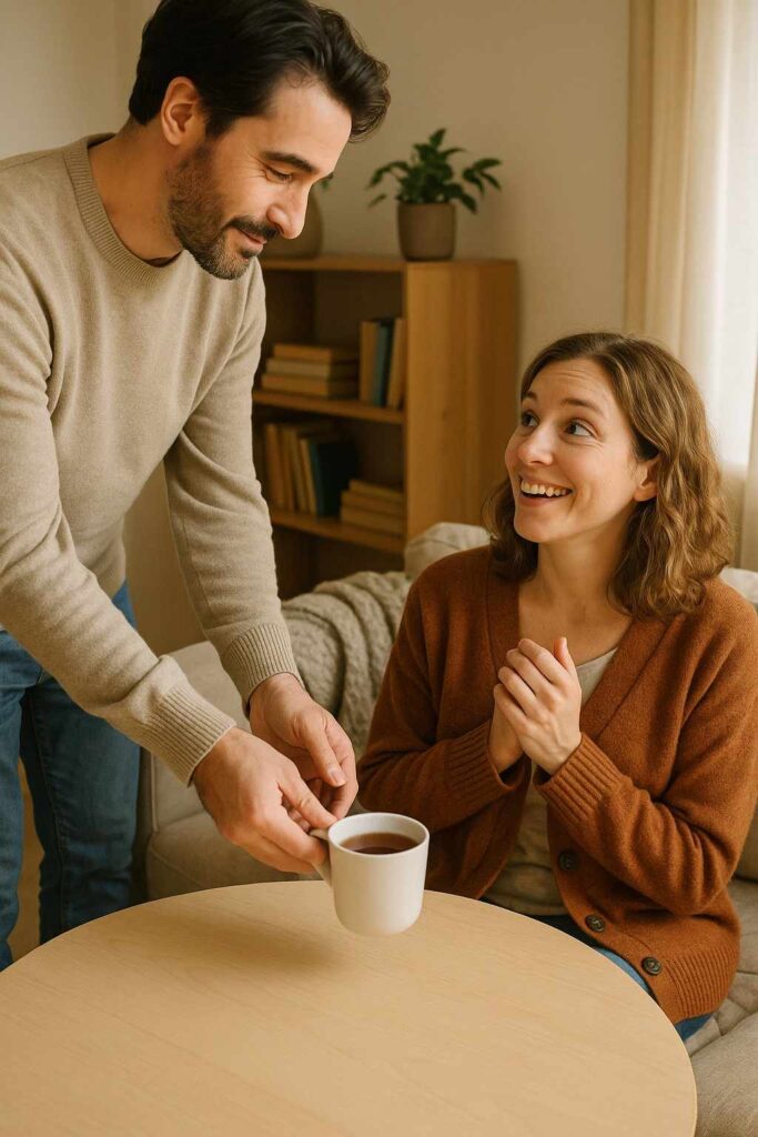 A man brings a warm cup of tea to his partner, showing love through small acts of kindness.
