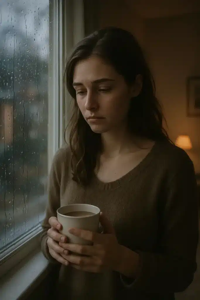 A young woman standing by a rainy window, reflecting on her first love after a breakup.