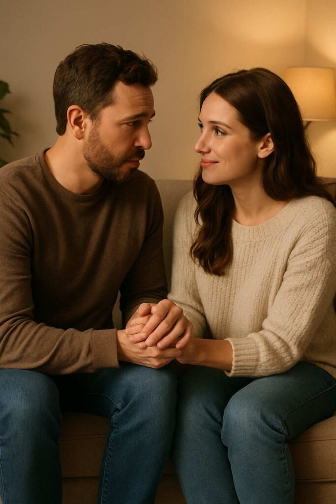 A couple shares an emotional moment on the sofa, holding hands as they apologize and forgive each other.