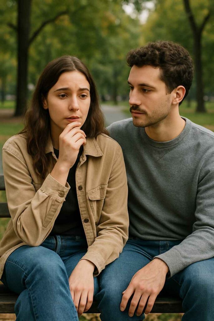 A couple sitting together thoughtfully, reflecting on avoiding mistakes when saying “I love you.”