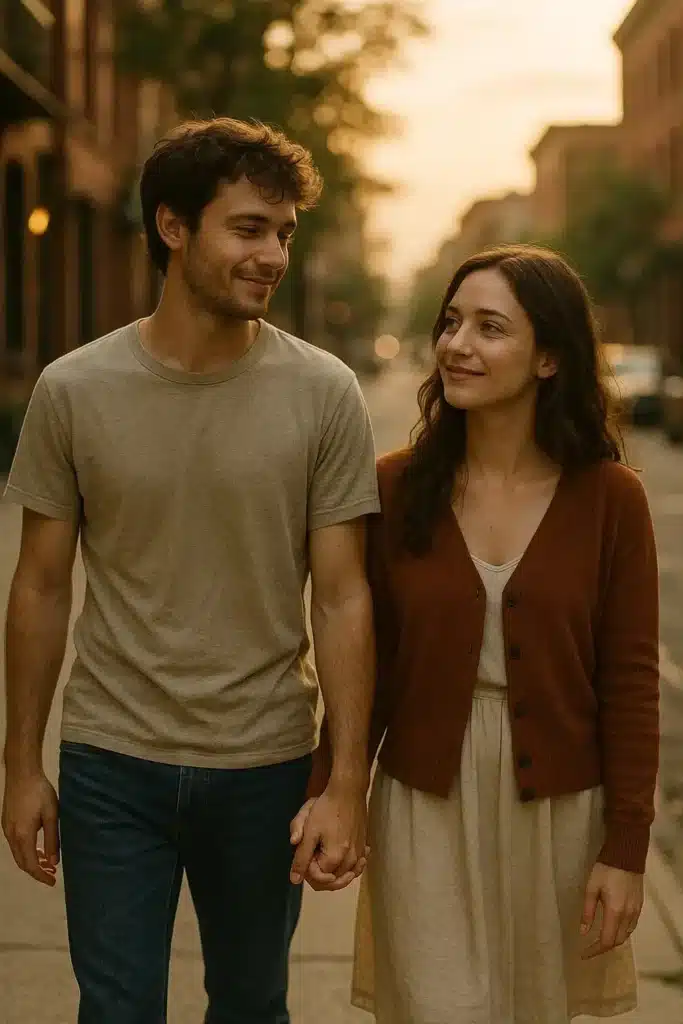 Couple walking hand in hand at golden hour, symbolizing a new beginning in love.