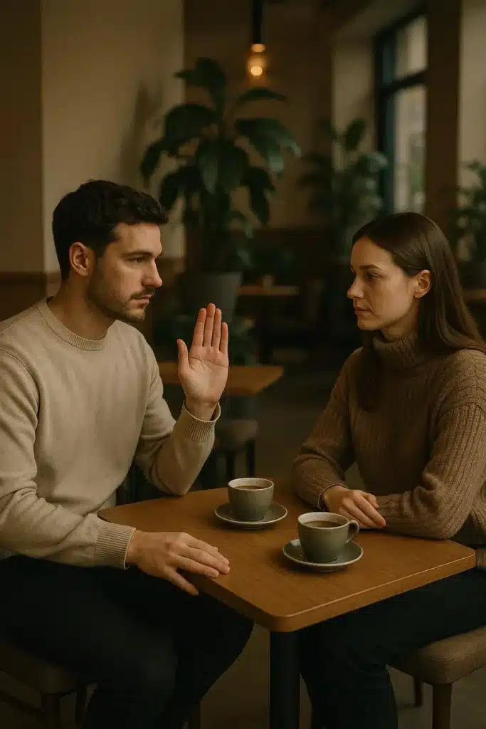 A calm couple in a café respectfully discussing emotional boundaries in their relationship.