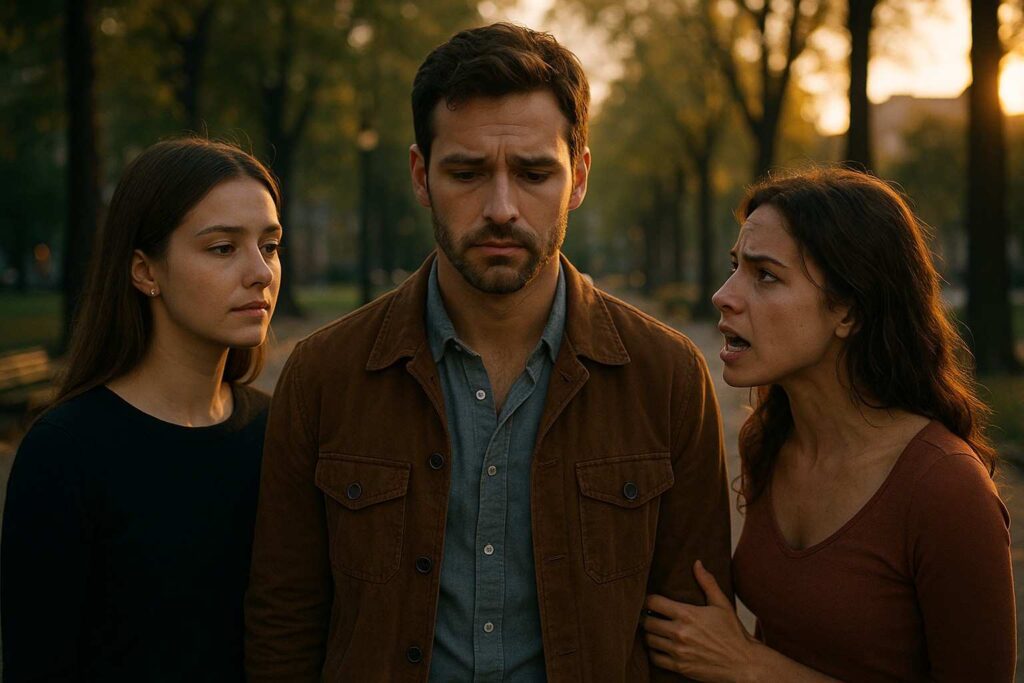 A man standing between two women in a park at sunset, reflecting the emotional conflict of loving two women.