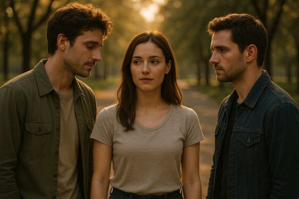 A woman standing between two men in a park, symbolizing emotional conflict and love between two partners.