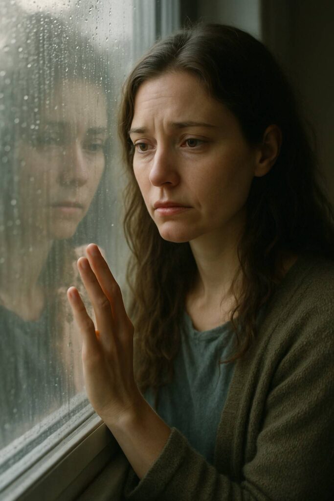 A woman touching a rainy window, reflecting on whether love can survive without trust.
