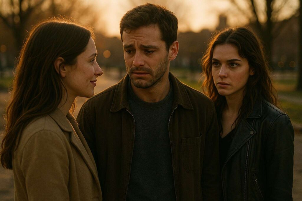 A man stands between two women at sunset, looking conflicted and emotional as he struggles with loving both.