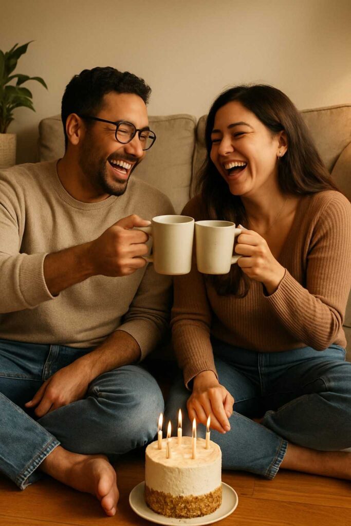 A couple shares a cozy celebration at home with a small cake and coffee, smiling warmly together.