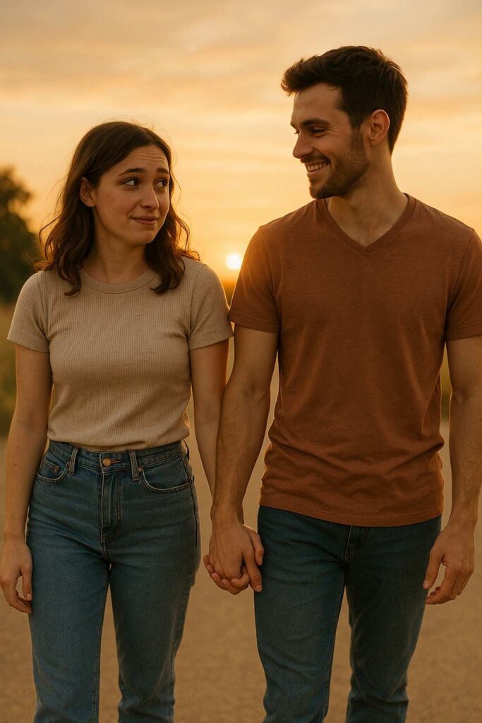 A couple walking hand in hand at sunset, reflecting on different ways to express love.