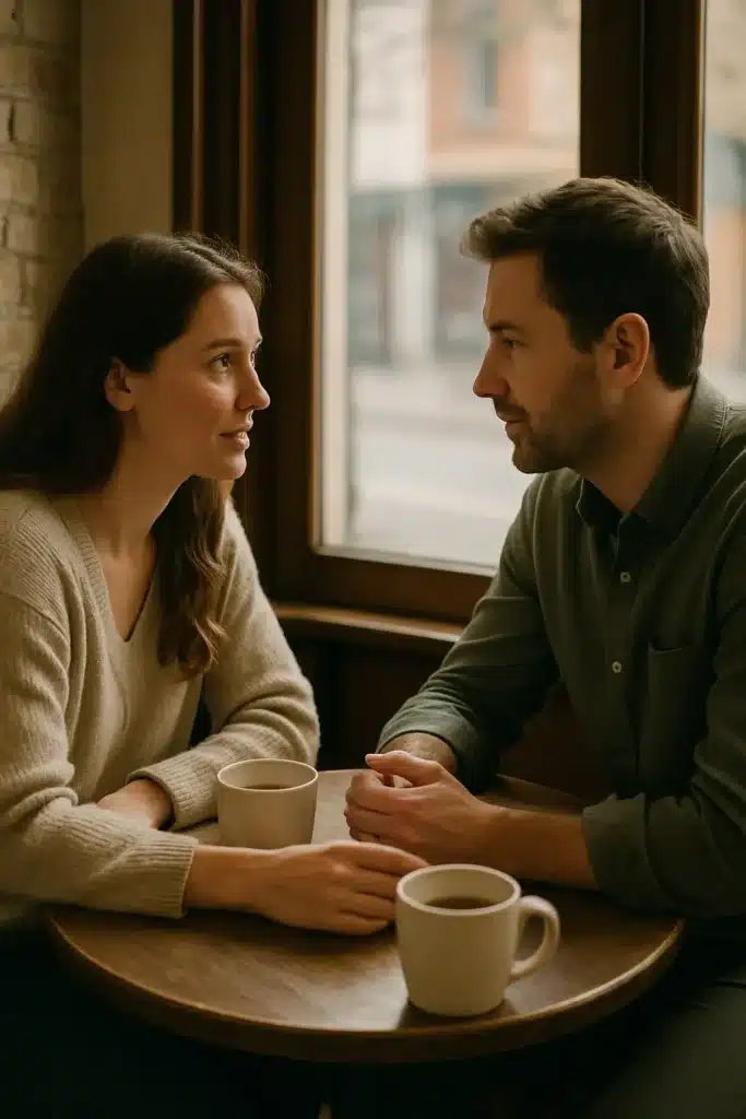 A couple talking sincerely at a café, showing open and honest communication.