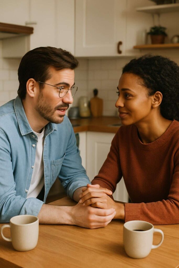 Couple talking openly at a kitchen table, showing honesty and trust in their relationship.