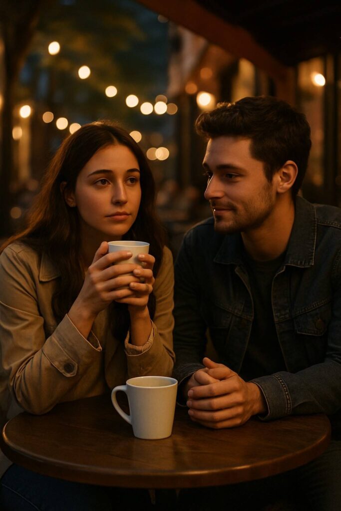 A couple sitting at a café, sharing a quiet moment, reflecting on the right timing to express love.