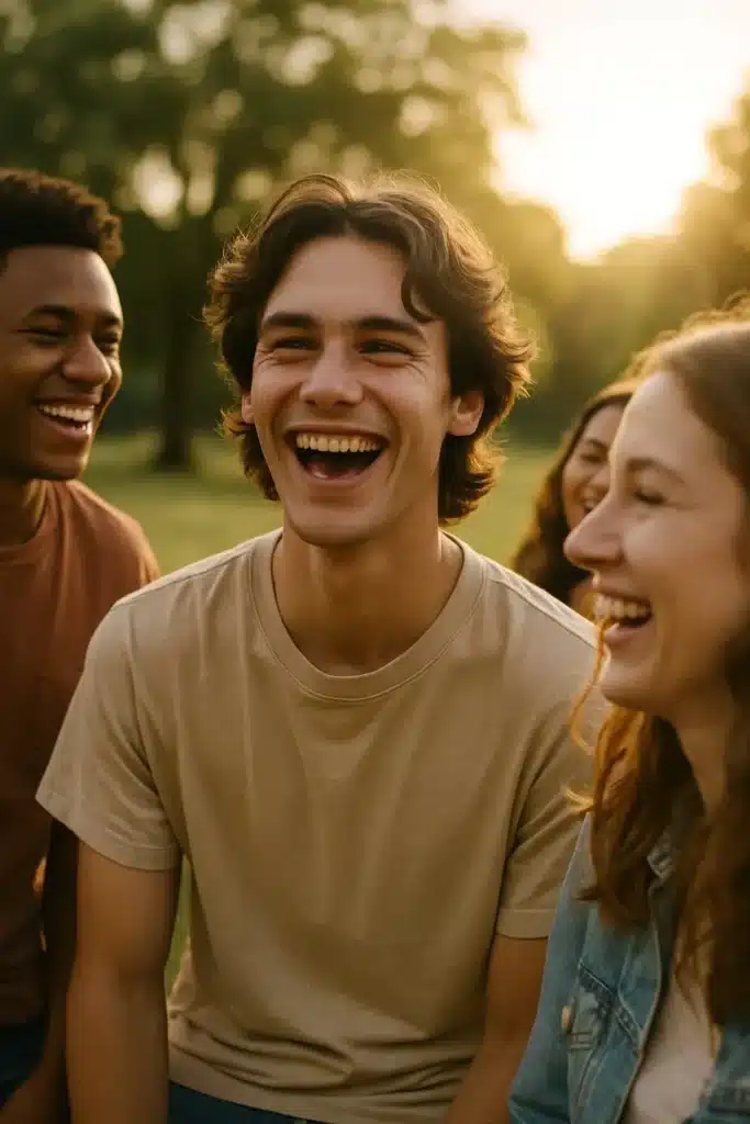 Young man laughing with friends outdoors while creating new memories.