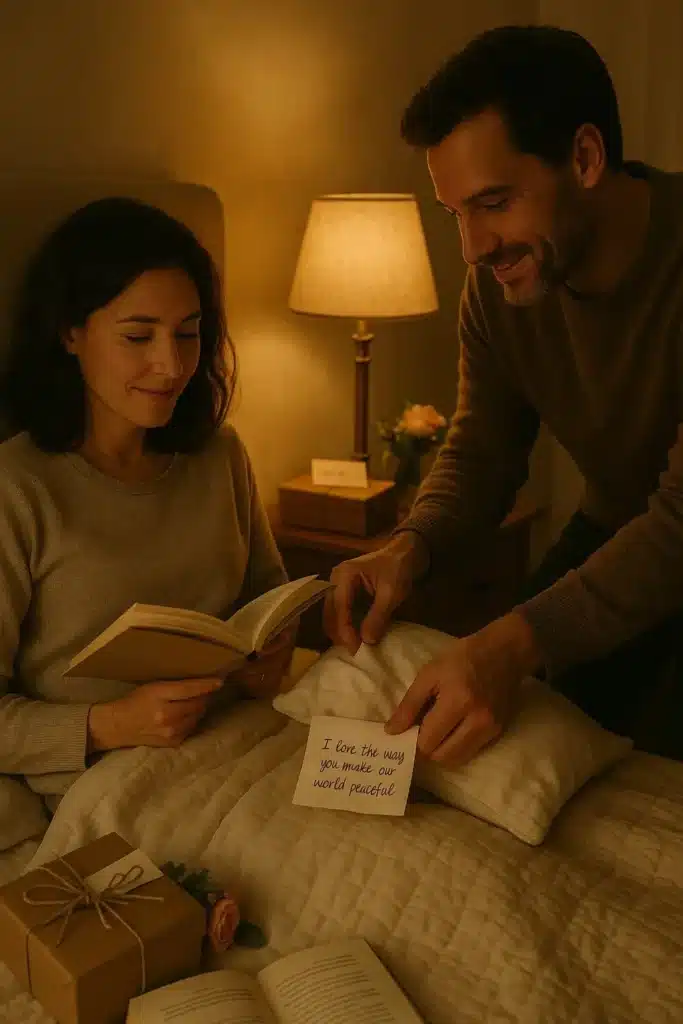 Husband placing a handwritten love note reading “I love the way you make our world peaceful” under his wife’s pillow in soft evening light.