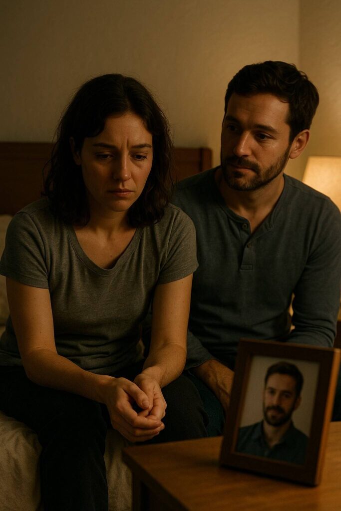 A woman sits on a bed beside one man while looking conflicted, with another man’s photo on the nightstand.