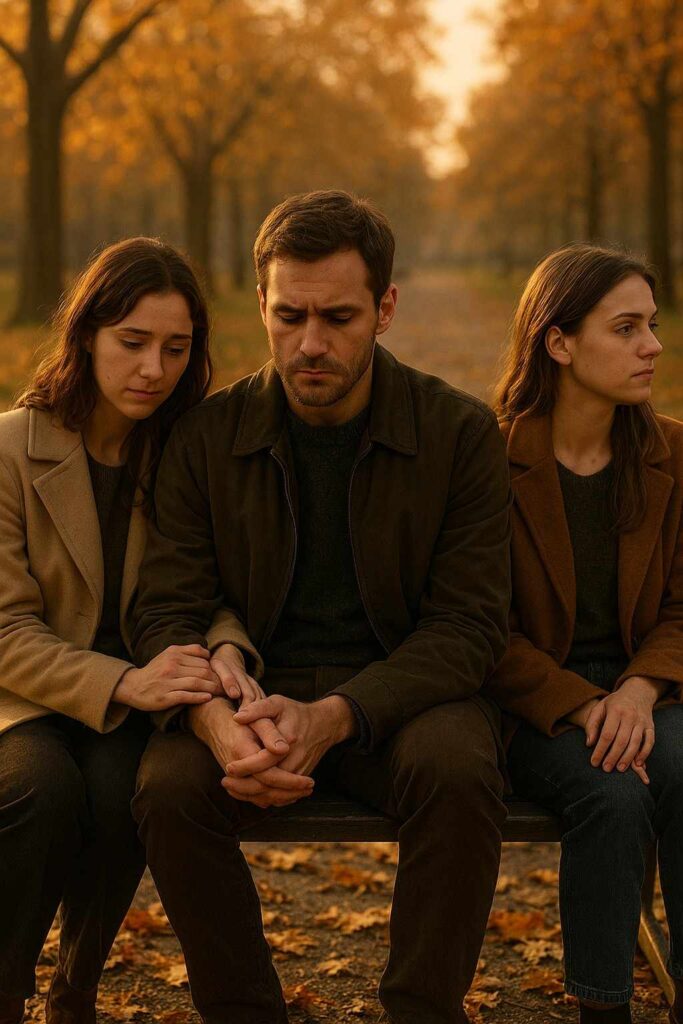 A man sitting between two women on a park bench, reflecting the struggle of loving two women.