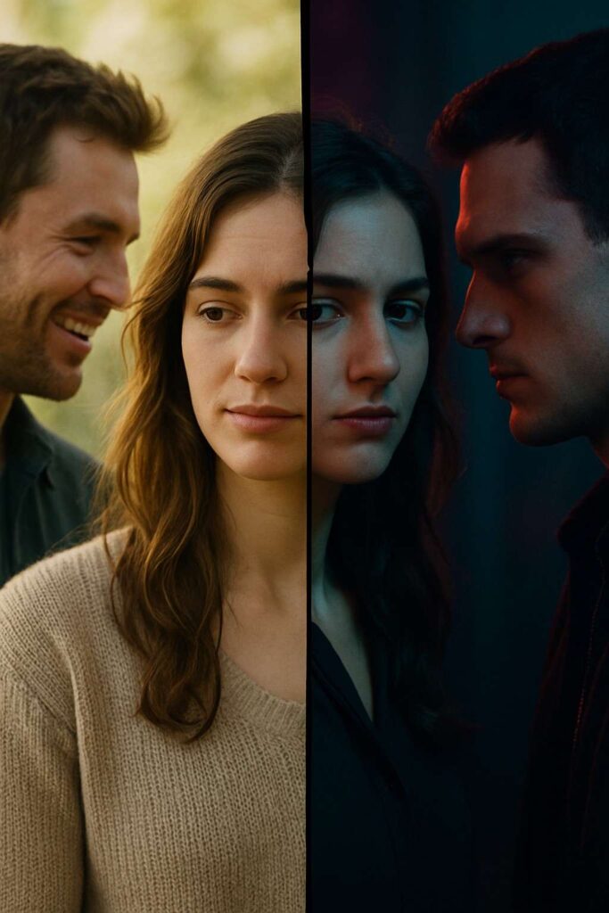 A woman torn between deep love and fleeting infatuation, shown through contrasting emotional scenes.