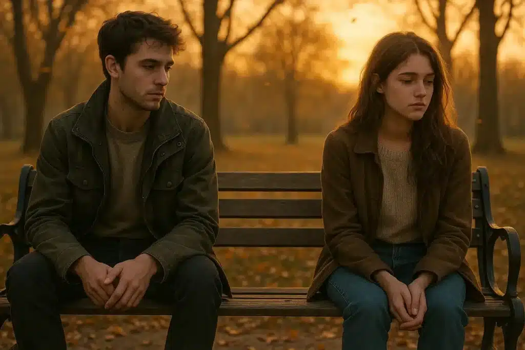A young couple sitting apart on a park bench at sunset, reflecting on their first love and healing from heartbreak.