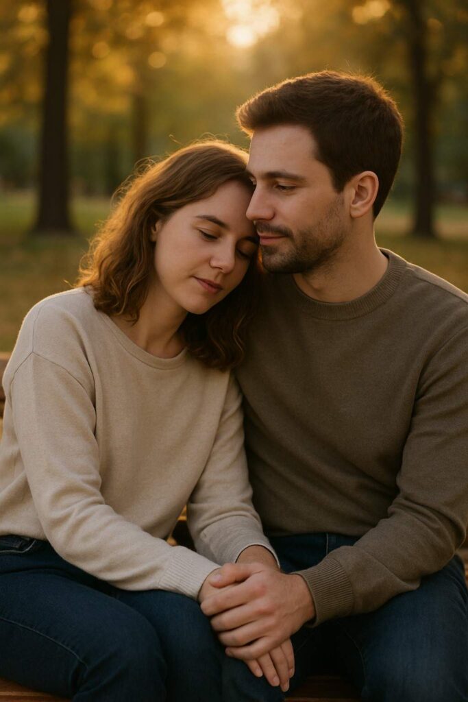 Real couple sitting on a park bench at sunset, sharing a peaceful and emotional moment that reflects true love and trust.