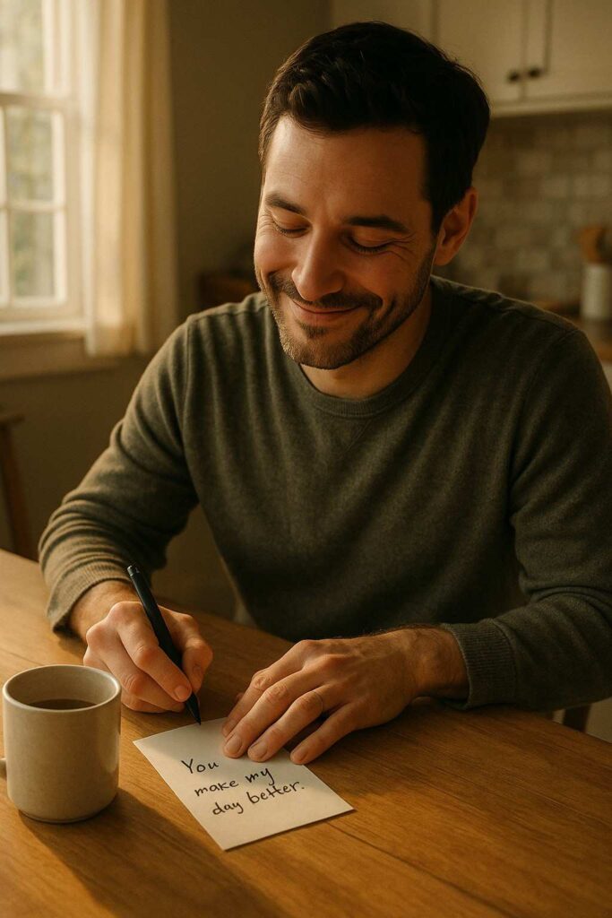 A man writes a heartfelt love note at a kitchen table, expressing affection through words.