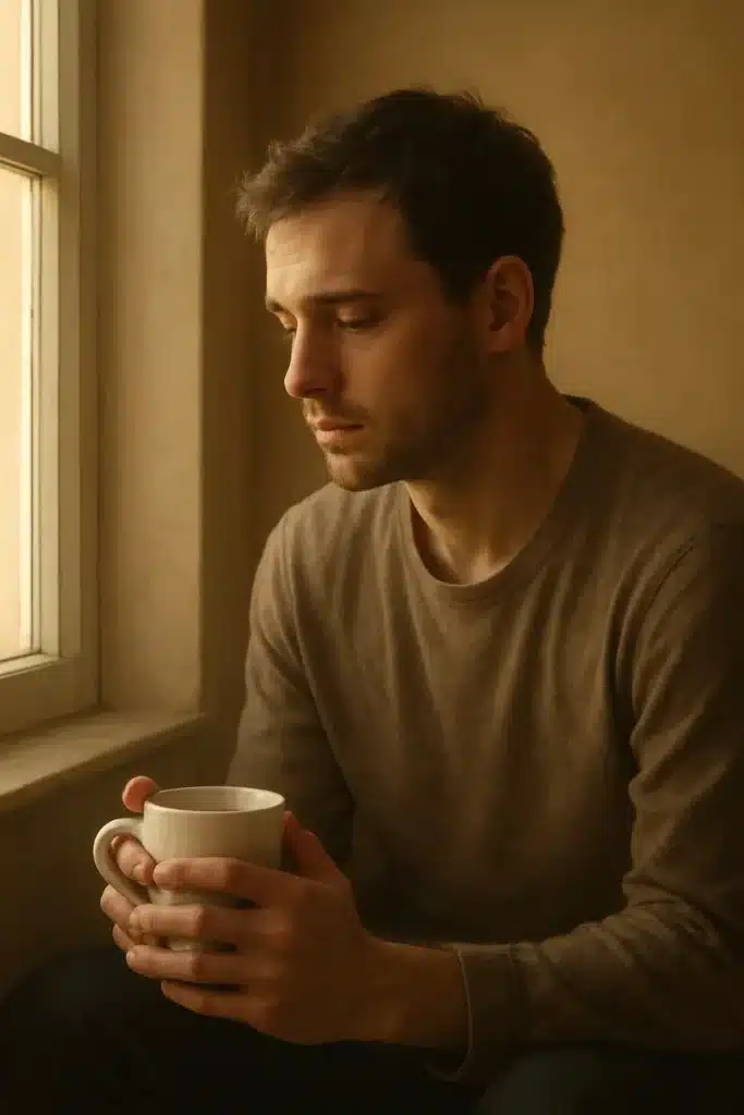 A man sitting alone by a window, calmly reflecting on his emotions with quiet acceptance.