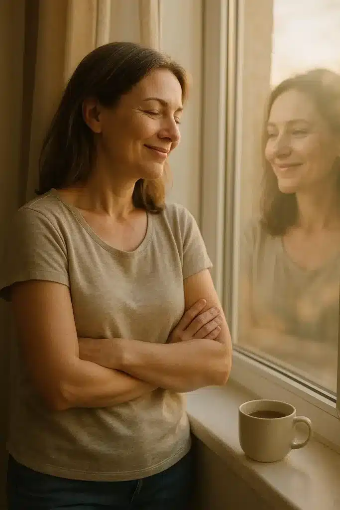 A woman smiling at her reflection, symbolizing self-love and personal growth.