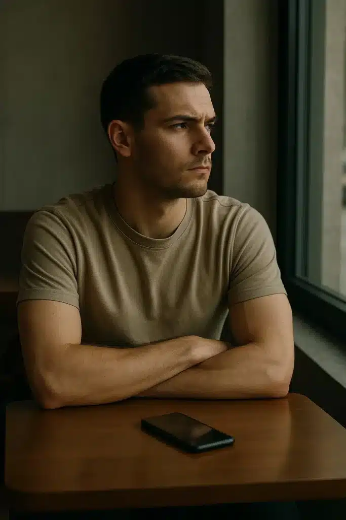 Man sitting with his phone facedown, choosing no contact after a breakup.