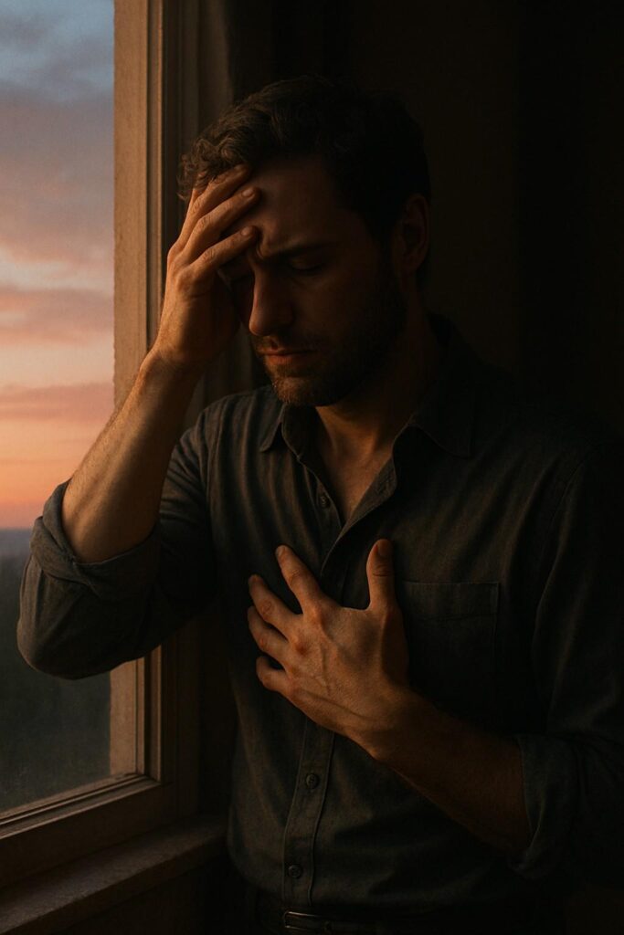 A man standing near a window, torn between emotion and logic, symbolizing the struggle between heart and mind.