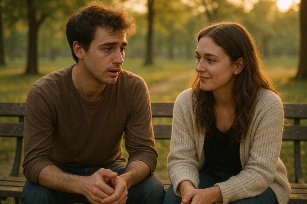 Real young couple sharing a heartfelt conversation at sunset, showing genuine emotions and connection while questioning their love.