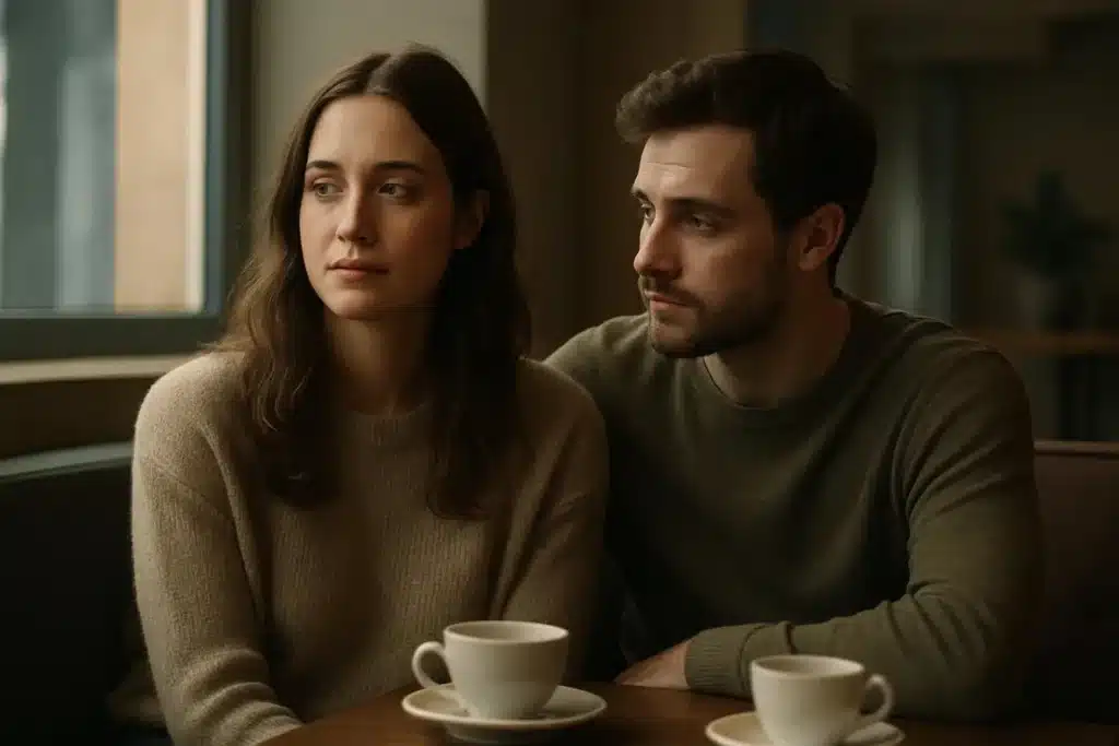 A man and woman sitting together, showing emotional distance and quiet heartbreak, reflecting unrequited love.