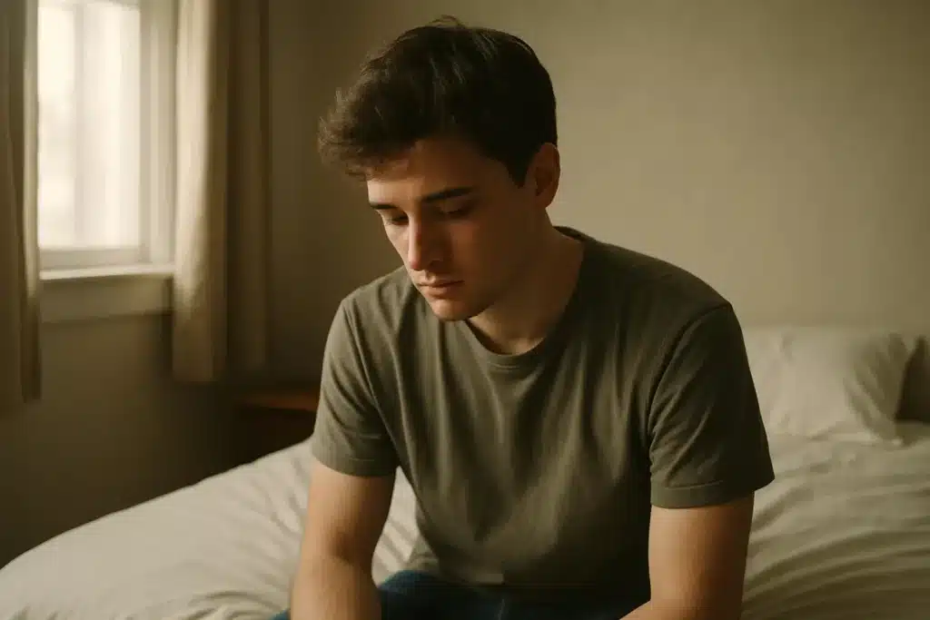 Young man sitting alone in a quiet room, reflecting on how to move on from his first love.