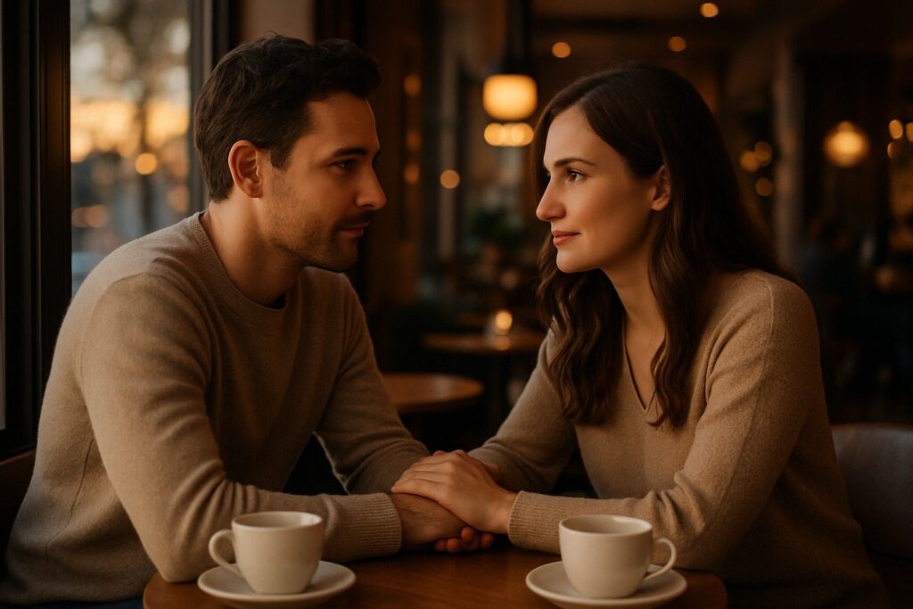A real couple at a café holding hands, showing love, emotional balance, and connection.