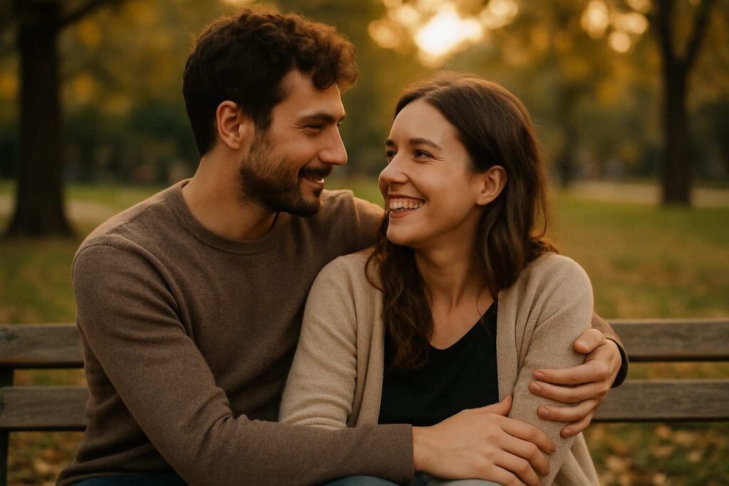 Real couple holding hands and sharing a genuine moment of love and trust outdoors.