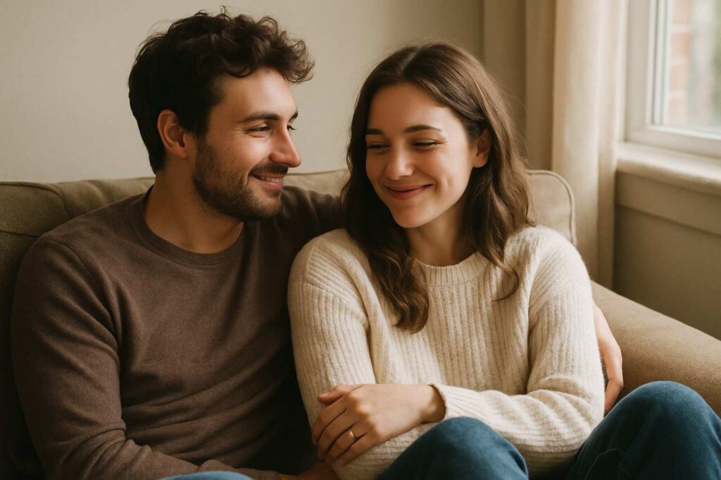 A genuine couple sitting closely on a couch, sharing a warm and natural moment of love and connection.