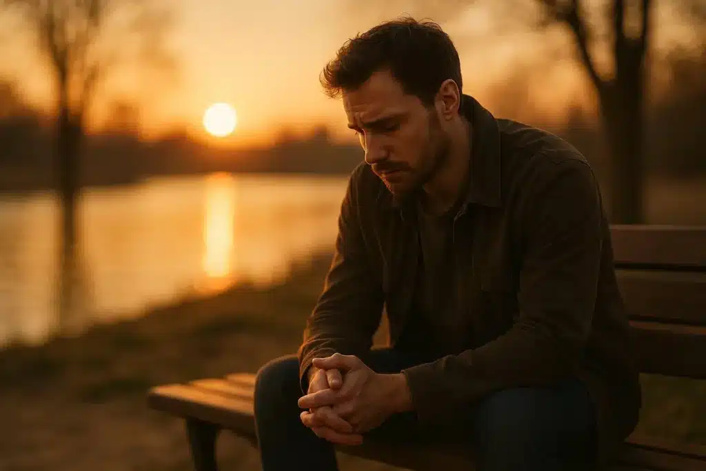 A heartbroken man sitting alone at sunset, reflecting on emotional pain after losing someone he loves.