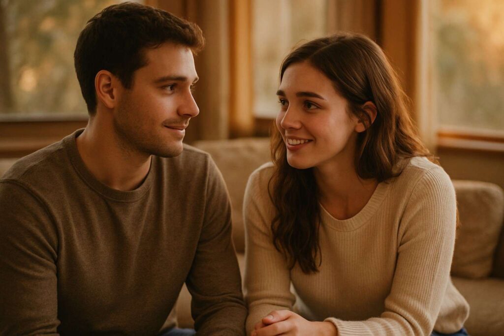 A young woman nervously but lovingly preparing to tell her boyfriend she loves him, showing warmth and authenticity.