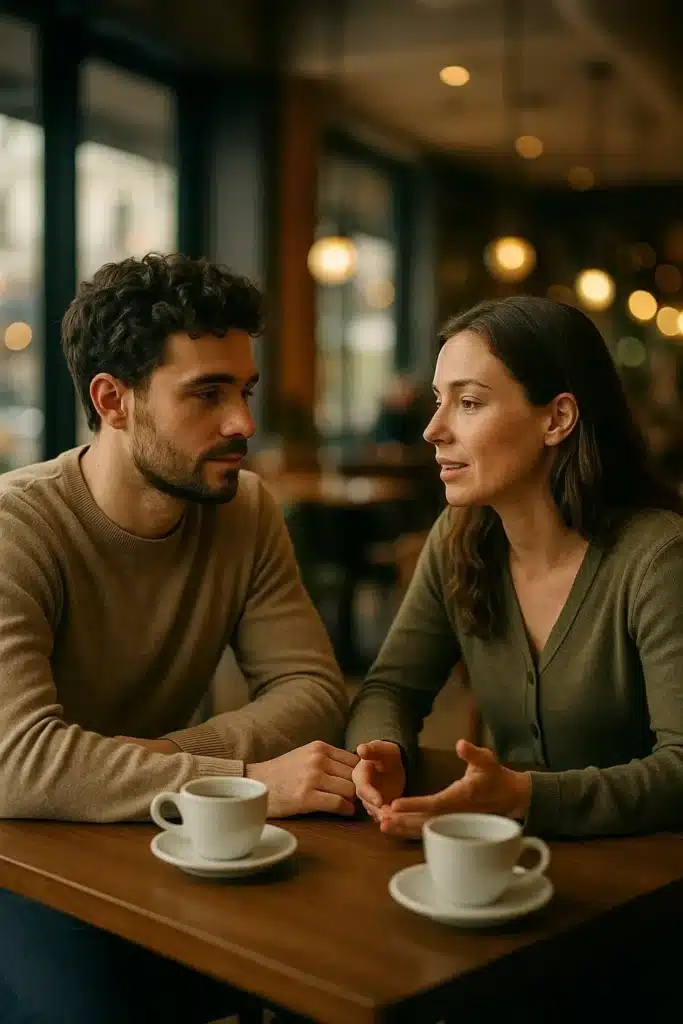 A couple calmly talking in a café, showing emotional surrender and letting go of control in a relationship.