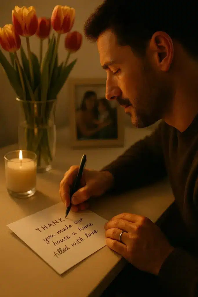 Husband writing a thank-you love note on the front of a card that reads “Thanks, you made our house a home filled with love,” in warm evening light.