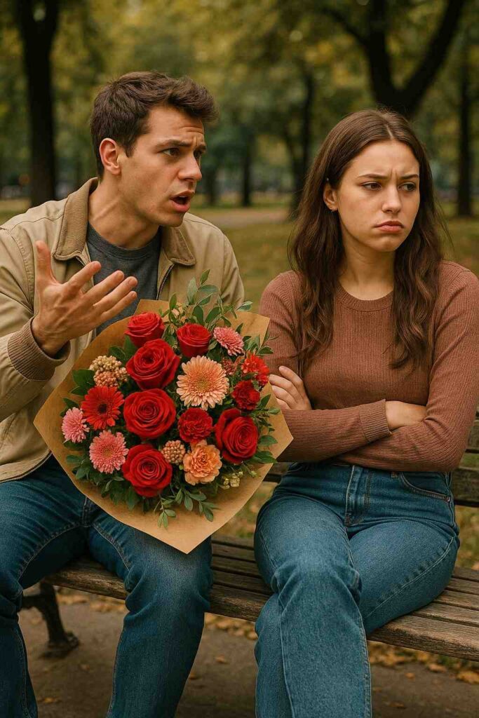 Couple looking distant despite big gestures, showing mistakes to avoid when proving love.
