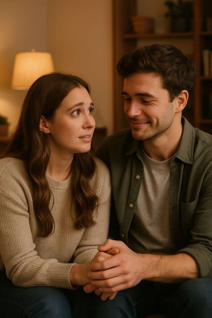 A young couple sharing an intimate moment as the boyfriend reacts thoughtfully to her words.