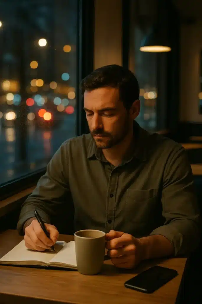 A man peacefully sitting alone in a café, taking time for himself to protect his emotional space.