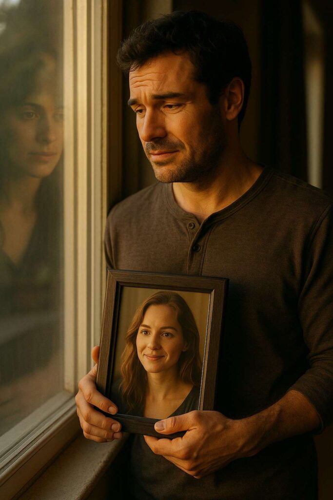 A man looks at a photo of one woman while seeing another reflected in the window, showing the emotional reasons for loving two people.